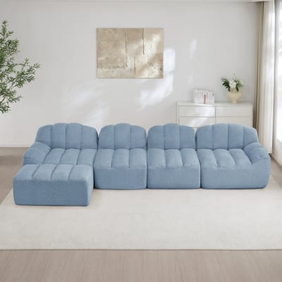 MODFU Modulaire Hoekbank - Met Ottoman En Diepe Zitting - Schelpvormig - Voor Woonkamer - Fleece - Blauw