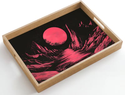Dienblad hout 50x35 cm - Schootdienblad - Maan - Felroze - Bergen - Rivier - Borrelplank rechthoek - Plateau dienbladen