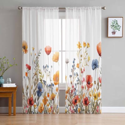 Bloemen Planten Aquarel Bladeren Transparante Gordijnen voor Woonkamer Decoratie Raamgordijnen Keuken Tule Voile Organza Gordijnen W135 x H115cm x1 white