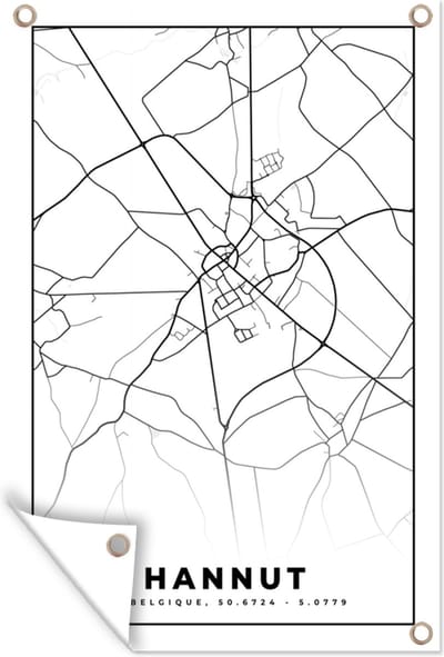 Muurdecoratie België – Hannut – Stadskaart – Kaart – Zwart Wit – Plattegrond - 120x180 cm - Tuinposter - Tuindoek