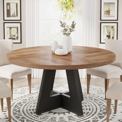 Tribesigns Keukentafel - Ronde Eettafel - 120 x 120 x 75 cm - Eetkamertafel Voor 4 Personen - met Houten Tafelblad en Poten - Industrieel Design - Vintage - Bruin & Zwart