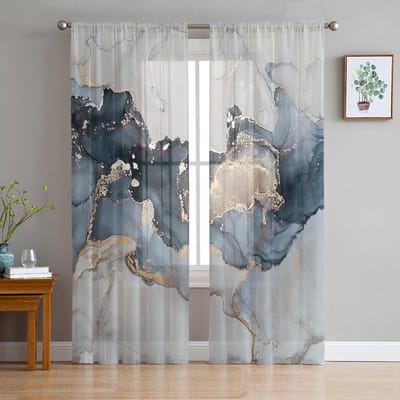 Marmeren Textuur Inkt Schilderij Gouden Lijnen Tule Gordijnen Voor Slaapkamer Moderne Voile Gordijnen Woondecoratie Raambekleding 135W x 137H(cm)