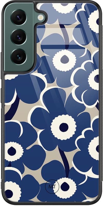 Hoesje geschikt voor Samsung Galaxy S22 - Abstract bloom - Hard Case Zwart Back Cover - Bloemen - Blauw - Mooie Telefoonhoesjes