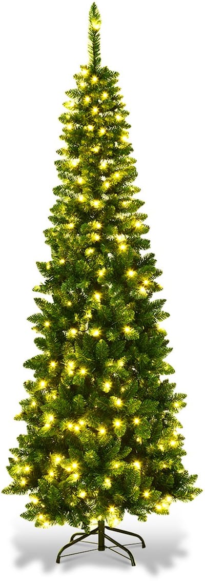 COSTWAY Kunstkerstboom van 135, 200 of 225 cm hoog, dennenboom, met warmwitte kerstverlichting, ledlampjes, inklapbaar, met metalen standaard, pvc-naalden, Kerstmis, groen (200 cm)