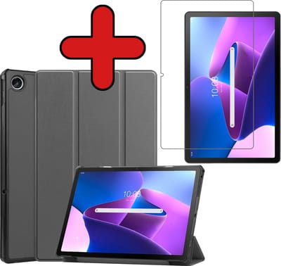 Hoesje - Geschikt voor Lenovo Tab M10 Plus (3e / 3rd Generatie) - Met Screenprotector - Hardcover Book Case - Trifold Bookcase Hoes - Hard Cover - Tablethoes - Grijs