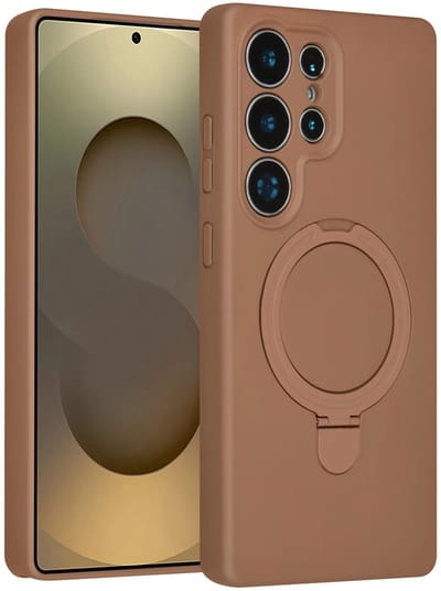 Backcover Hoesje Geschikt voor: Samsung Galaxy S24 Ultra Volledig Dekkende Schokbestendige Siliconen Backcover met Ringstandaard – 360° Bescherming - Desert Brown