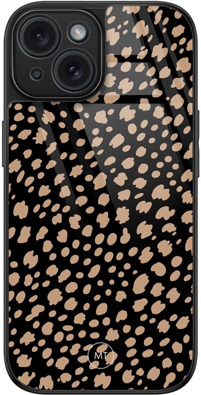 Hoesje geschikt voor iPhone 15 - Savannah spots - Luxe Hard Case - Gestipt - Zwart, Bruin - Mooie Telefoonhoesjes