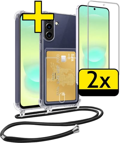 Hoesje Geschikt voor Samsung A37 Telefoonhoesje Met Koord Case Pashouder Met 2x Screenprotector Siliconen - Hoes Geschikt voor Samsung Galaxy A37 Hoesje Met Kaarthouder - Transparant