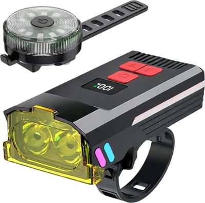 LUMORIA LED Fietsverlichting Set met Geellicht functie - Met Digitaal Batterijdisplay en Toeter - USB-C Oplaadbare Voorlicht 300 Lumen en Achterlicht - Waterbestendig - Fiets Gadgets - Fietslampjes - Koplamp Voorlamp Achterlamp - Fietslamp set