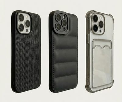 Grijs en zwart telefoon hoesje set met kaartvak en structuur design geschikt voor iPhone 16 Pro Max – backcover cases voor dames en heren met transparant hoesje, geribbelde textuur en gewatteerd uiterlijk