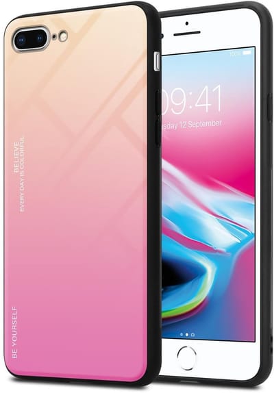 Cadorabo Hoesje geschikt voor Apple iPhone 7 PLUS / 7S PLUS / 8 PLUS in GEEL - ROZE - Tweekleurige beschermhoes van TPU-silicone Case Cover en achterzijde van gehard glas