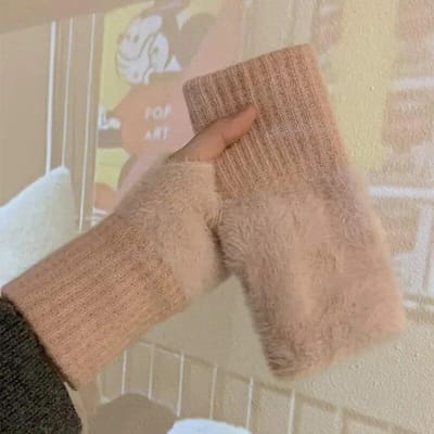 Nertsen Fleece Zachte Winter Half Vinger Handschoenen Dames Warm Luxe Effen Wit Pluche Gebreide Vingerloze Handschoen Pols Wanten Schrijven roze