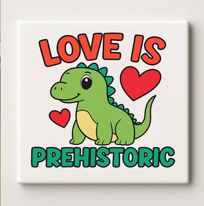 Schattige Dino Tegel “Love Is Prehistoric” 15x15 cm – Liefdevolle Keramische Wanddecoratie Cadeau voor Kinderen, Stellen en Dinosaurusliefhebbers
