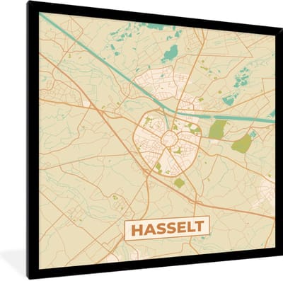 Fotolijst incl. Poster - Plattegrond - Kaart - België - Stadskaart - Hasselt - 40x40 cm - Posterlijst