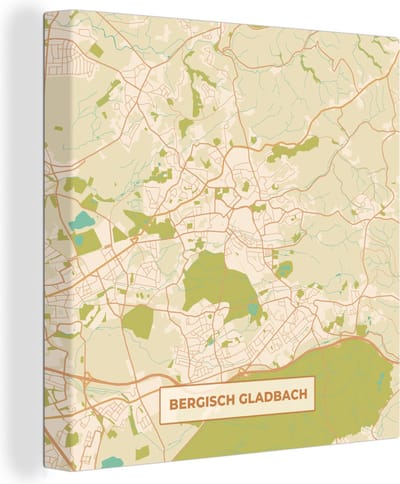 Canvas Schilderij Bergisch Gladbach - Plattegrond - Vintage - Kaart - Stadskaart - 20x20 cm - Wanddecoratie