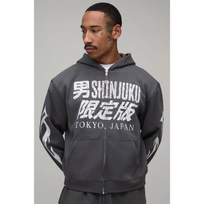 Antraciet Oversized Boxy Tokyo Moto Print Hoodie Met Rits | Charcoal | Size Medium