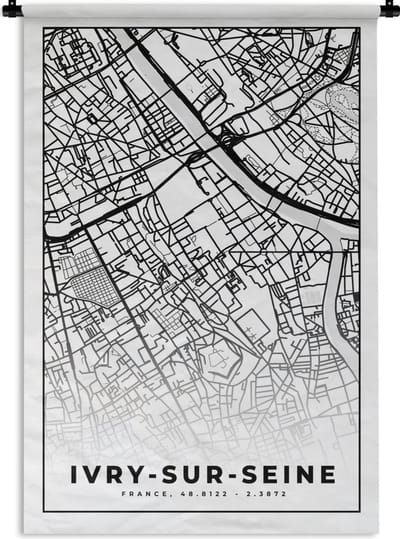 Wandkleed - Wanddoek - Kaart - Ivry-sur-Seine - Stadskaart - Frankrijk - Plattegrond - Zwart wit - 120x180 cm - Wandtapijt
