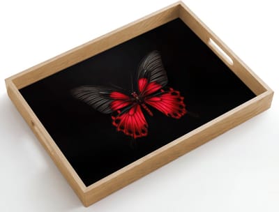 Dienblad hout 50x35 cm - Schootdienblad - Vlinder - Rood - Contrast - Borrelplank rechthoek - Plateau dienbladen