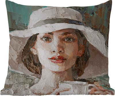 Tuinkussen - Schilderij - Olieverf - Vrouw - Koffie - Hoed - 40x40 cm - Weerbestendig
