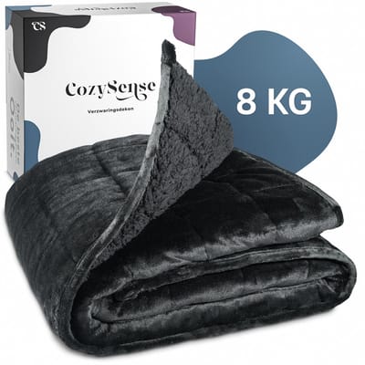 CozySense® Verzwaringsdeken 8kg - 135x200cm - Dubbelzijdig Zwaartedeken met Flanel & Sherpa Kant - Weighted Blanket met GLASS-Flow® Drukverdeling - Verzwaarde Deken - Zwart