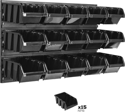Stapelboxen en Wandrek Systeem - Uitbreidbaar Opslagsysteem voor Werkplaats - 15 Kleurloze Boxen