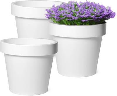 Mega Collections Plantenpot/bloempot - 3x - kunststof - wit - buiten - D16 x H14 cm