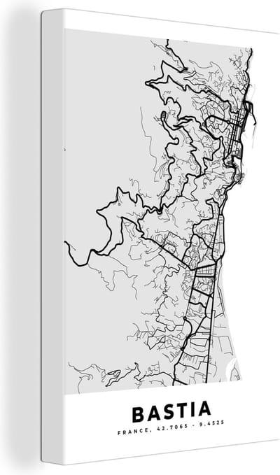 Canvas Schilderij Kaart – Stadskaart – Frankrijk - Bastia - Plattegrond - 20x30 cm - Wanddecoratie