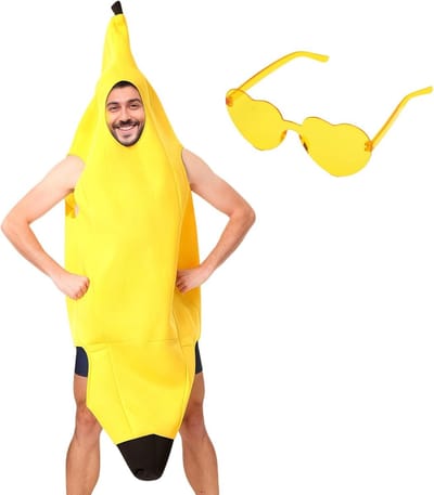 Grappig Bananen Kostuum voor Volwassenen met Gele Bril voor Carnaval, Halloween en Cosplay, Unisex Outfit voor Feestjes, Maat 150-175 cm