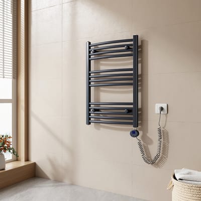 EMKE Elektrische Handdoekradiator - Met LCD Thermostaat - Mat Antraciet - 75x50 cm - 300W - Badkamer Radiator - Gebogen Buis
