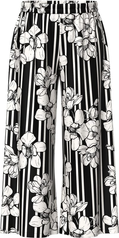 Ulla Popken - Dames - Palazzo-broek bloemenstrepen wijde pijpen - Zwart - Maat 42+