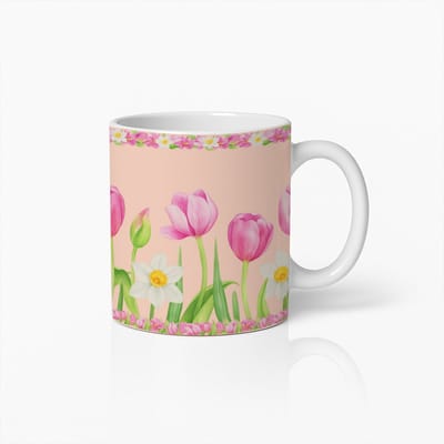 Prachtige Lente Bloemenmok met Roze Tulpen en Narcissen – Elegant Tuinontwerp