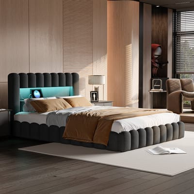 Opbergbed 140x200 cm Grijs Stof – Tweepersoons Hydraulisch Bed met LED Hoofdbord & USB