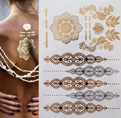 Akyol - nep tattoo – fake - tattoo - kleurrijke metallic tattoo's - body choker festival - bohemian - feest - zomer - dames - glitters - juwelen tattoo - plaktattoo - neppe tattoo – 1 vel met tattoos – fantasie – nep tattoo – veilig – wis