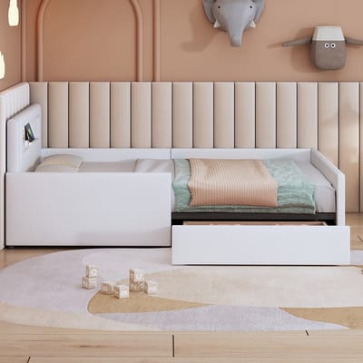 KOMHTOM Kinderbed met Lade 90 x 200 cm met nachtlampje USB-aansluiting opbergvak verhoogde zijhek voor veiligheid Wit