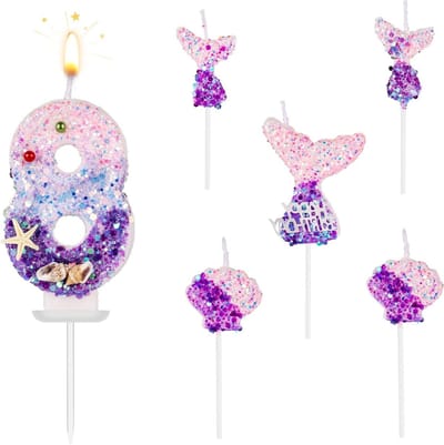 Feestelijke Zeemeermin Cijfers Kaarsen voor Verjaardagstaart - 6 Stuks met Schelpen en Sequins voor Themafeesten, Bruiloften en Jubilea (Cijfer 8)