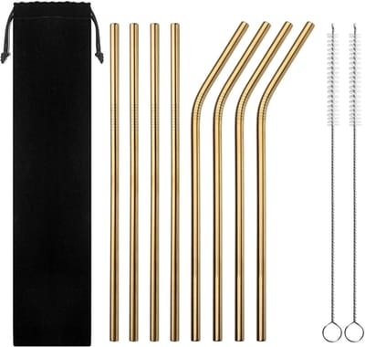 RVS rietjes - Set van 8 herbruikbare rietjes - 4 recht 4 gebogen - 21 cm - Stijlvol - Incl 2 schoonmaakborstels en bewaarzak - Goud