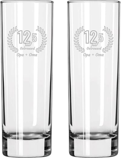 Gegraveerde set Longdrinkglazen 22cl Opa + Oma 12,5 jaar getrouwd