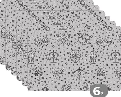 Placemat - Placemats kunststof - Sterrenbeeld - Patroon - Zodiac - Horoscoop - 45x30 cm - 6 stuks - Hittebestendig - Anti-Slip - Onderlegger - Afneembaar