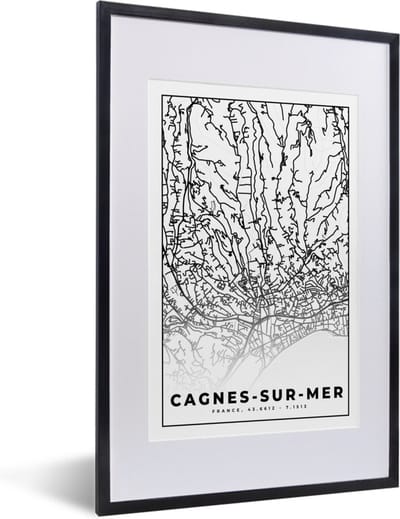 Fotolijst incl. Poster Zwart Wit- Cagnes-sur-Mer - Frankrijk - Plattegrond - Stadskaart - Kaart - Zwart wit - 40x60 cm - Posterlijst