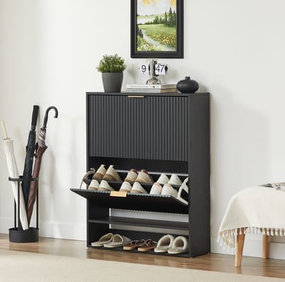 Wishdor - Schoenenkast - smal 24 cm - kippendeuren en verstelbare planken - modern - voor hal en entree - houtlook met metaal - zwart - 80 x 24 x 102 cm