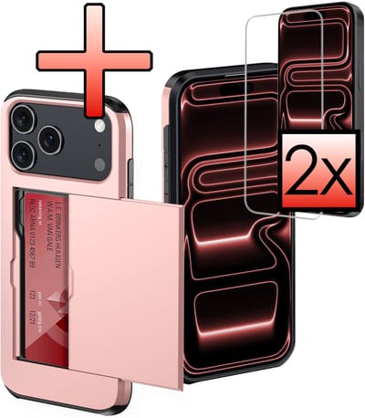 Hoes Geschikt voor iPhone 17 Pro Hoesje Pasjeshouder Hard Cover Met 2x Screenprotector Shock Proof Hard Case Hoes Met Kaarthouder - Rosé goud