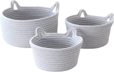 Katoenen touw-opbergmand met kattenoren, multifunctionele organizer voor kinderkamer en badkamer, grijs, 21 x 12 cm, stapelbaar en veelzijdig