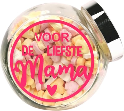 Moederdag cadeautje - Snoeppot "voor de liefste mama", gevuld met vruchtenhartjes - liefde - moederdag
