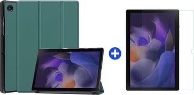 Hoes Geschikt voor Samsung Galaxy Tab A8 (2021/2022) Tri-Fold tablethoes + tempered glass screenprotector - Groen