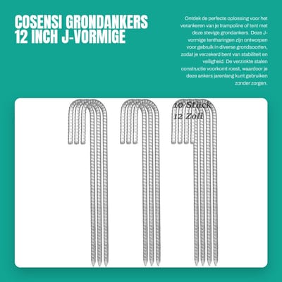 Dailygoods- Grondankers 30 cm - J-vormige Grondpennen - Verzinkt Staal - Antiroest - Voor Tenten/Trampolines - Puntig Uiteinde - Grondpalen