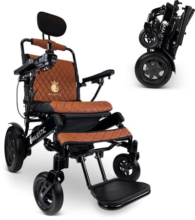 COMFYGO IQ-9000 AF Elektrische rolstoel, lichtgewicht, draadloze afstandsbediening, tot 30km, Automatisch vouwsysteem, Zwart frame & Taba leer textiel, Zitbreedte 45cm