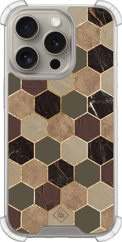 Casimoda® hoesje - Geschikt voor iPhone 15 Pro - Kubus Groen Bruin - Shockproof case - Extra sterk - TPU/acryl - Bruin/beige, Transparant