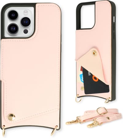 Casemania Hoesje Geschikt voor Apple iPhone 14 Pro - Back Cover met Draagkoord - Pasjeshouder Hoes met Bandje - Crossbody Telefoonhoesje - Lanyard Case - Roze