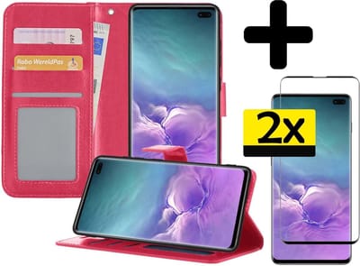 Hoesje - Met 2x Screenprotector - Geschikt voor Samsung Galaxy S10 - Luxe Pasjeshouder - Bookcase Portemonee - Flip Case - Kunstleer Book Case - Flipcase Hoes - Book Cover - Walletcase - Portemonneehoes - Telefoonhoesjes - Donkerroze