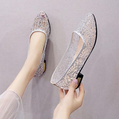 Sandales à Talons Épais pour Femmes Dames Maille Découpée Pointues Chaussures Simples Enfants Talon Moyen Chaussures de Travail Chaussures 42 argenté